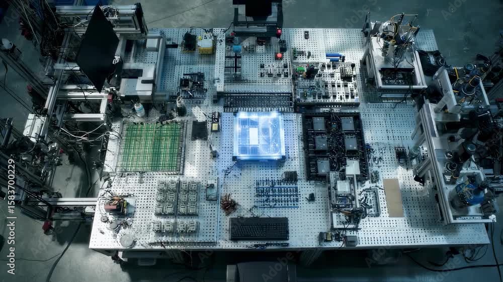 Poster quantum computing circuit generating futuristic hologram with blue light in a laboratory, showcasing