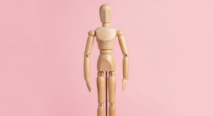 Light beige wooden mannequin figure positioned against a pink background.
