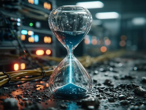 Glass Hourglass with Shimmering Blue Sand in Industrial Server Room