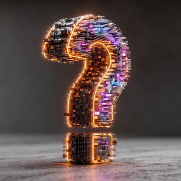 Futuristic Circuit Board Question Mark with Vibrant Neon Glow on Concrete