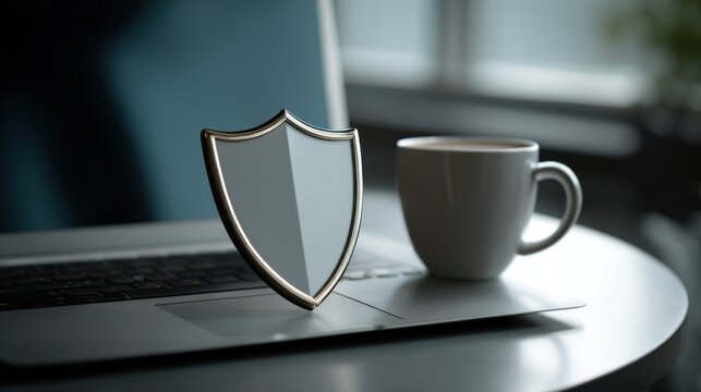 Metallic shield floating above laptop and coffee cup in modern interior representing digital insurance, online privacy protection and secure cybersecurity infrastructure