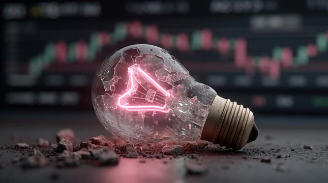 Cracked Light Bulb with Glowing Neon Arrow on Debris Surface