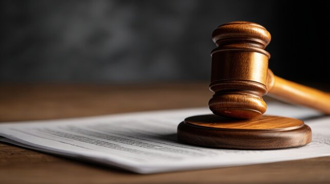 Wooden judge gavel resting on contract document symbolizing legal insurance, law enforcement, financial disputes resolution and official protection policies