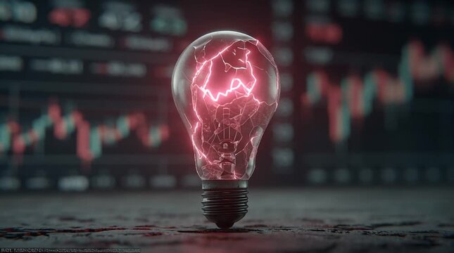 Cracked Light Bulb with Glowing Neon Lines Against Stock Market Background