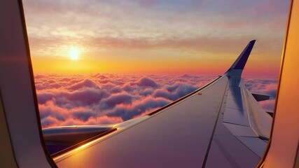 Airplane Window View Above the Clouds at Sunset. Beautiful purple and orange sky. Aerial view of Cloudscape. Airplane wing in sky. View through porthole from passenger seat - Powered by Adobe