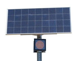 traffic lights powered by a solar panel with a battery  on white