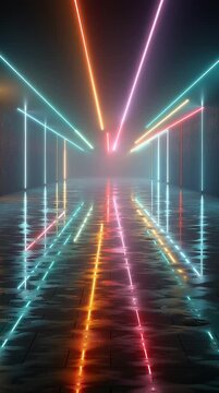 Futuristic Neon Tunnel with Vibrant Reflections and Symmetrical Light Patterns