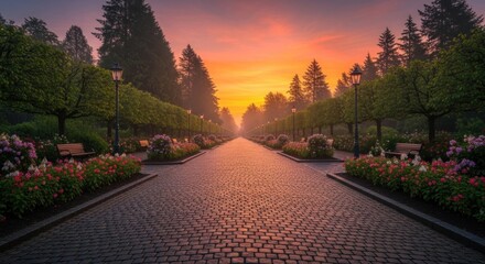 A paved pathway lined with trees and flowers at sunrise, leading to a vibrant sky.