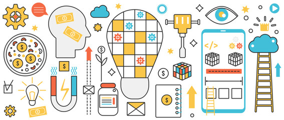 Success business building. Abstract light bulb, financial ideas and solutions for new startup, data analysis and vision of decisions and achievement in infographic concept banner, thin line art design