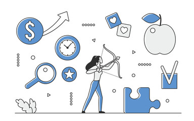 Personal target achievement and performance goal. Successful purpose accomplishment vector monocolor illustration