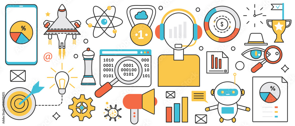 Poster process of automation in industry, robots. abstract launch of rocket and creative startup project, a