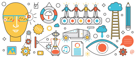 Automation smart technology and work process. Abstract conveyor with recruits team, human head with futuristic VR glasses, artificial intelligence in infographic concept banner, thin line art design
