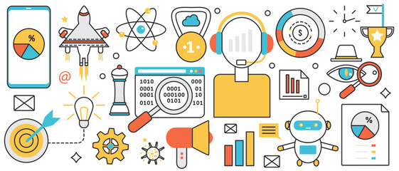 Process of automation in industry, robots. Abstract launch of rocket and creative startup project, automatic control of innovations and development in infographic concept banner, thin line art design