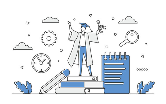 Successful university completion and college graduated student. Degree diploma and personal knowledge archive vector monocolor illustration