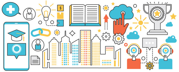 Smart city technology. Modern urban abstract landscape with skyscrapers, digital mobile education, data cloud connection, network communication in infographic concept banner, thin line art design