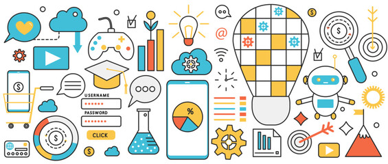 Virtual reality future technology. Abstract VR devices for entertainment, education and work, network access and automatic control of robots in infographic concept banner, thin line art design