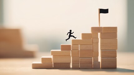 The figure climbing wooden blocks towards a flag representing success and achievement.
