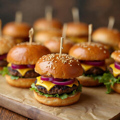Delicious assortment of mini cheeseburgers with fresh lettuce, tomato, pickles, and melted cheese on sesame seed buns, perfect for parties, catering, and fast food presentations