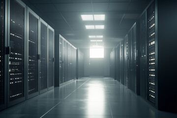Modern data center with soft lighting and server racks