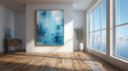 Obraz premium Modern living room with abstract blue painting and large windows overlooking a serene waterfront cityscape
