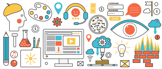 Web application and security technology. Abstract portfolio of artist, user access to software and code, network and app interface development in infographic concept banner, thin line art design