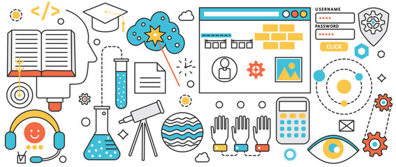 Web app development and UI design. Digital agency with developers team develop content product, teamwork research, users access and software in infographic concept banner, thin line art design