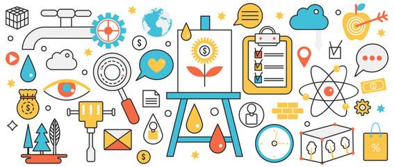 Business goal setting, strategy and achievement. Abstract consistency of success in work, daily efficiency and time management, financial investment in infographic concept banner, thin line art design