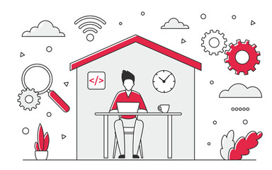 Working remote from home and stay safe. Employee self management and organization vector monocolor illustration