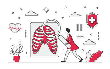 Medical body radiology test diagnosis. Hospital x ray equipment for chest investigation vector monocolor illustration