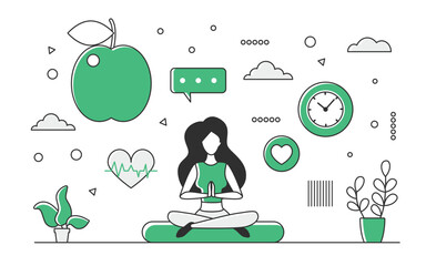 Yoga training exercise and healthy food. Meditation pose and balanced diet vector monocolor illustration