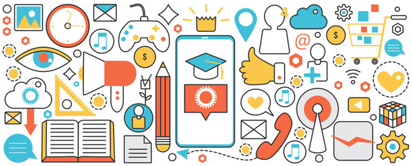 Smartphone app user technology. Mobile phone applications for online store, education and communication in social media with contacts, business in infographic concept banner, thin line art design