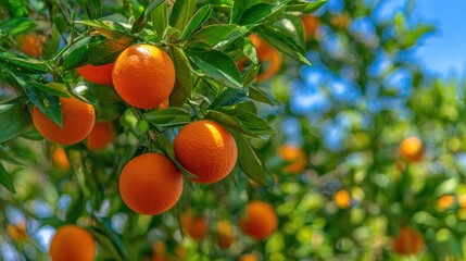 The vibrant oranges hanging from a lush tree under a bright sky.