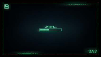 Retro pixel art green loading bar animation on a dark screen mimicking an old monitor. Vintage computer digital display with floppy disk icon, concept of data processing and nostalgia.