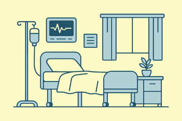 Simple Hospital Room Illustration with Bed, Monitor, and Plant Vector