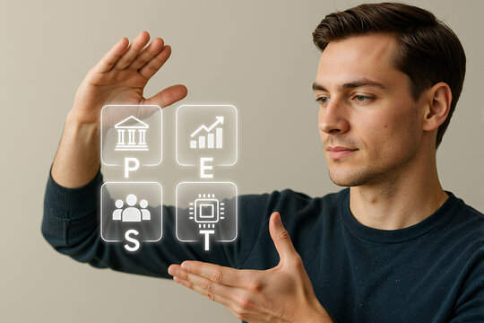 Young man presenting PEST analysis icons with hands indoors  
