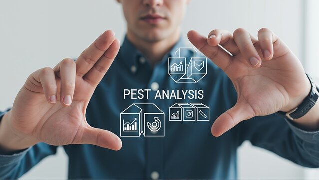 Businessman presenting PEST analysis icons with data icons on screen   - Powered by Adobe