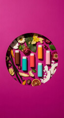 Colorful lip balm tubes on pink background with flowers and coconut for beauty and skincare product shot