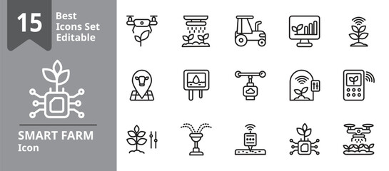 Set of Smart Farm icons. Icons Contains IoT Agriculture, Drone, Precision Farming, etc . Design elements for you projects. Editable stroke vector illustration