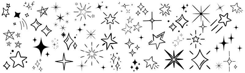 Star and sparkle icon set. Diverse star shapes for design, decoration, and celestial themes. sparkling star for logos, icons, and illustrations