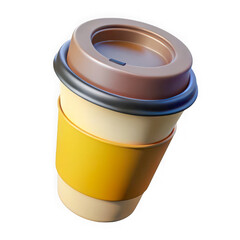 Stylized 3d rendering of a disposable coffee cup with a brown lid and yellow sleeve isolated on transparent background