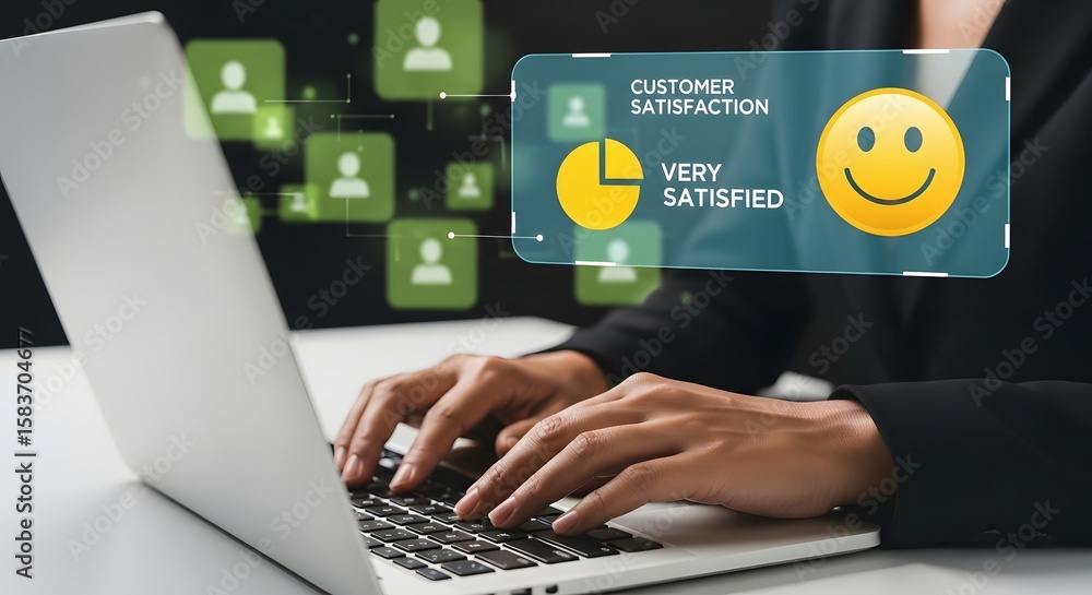 Aufkleber analyzing customer satisfaction data on laptop for insights and business intelligence reports