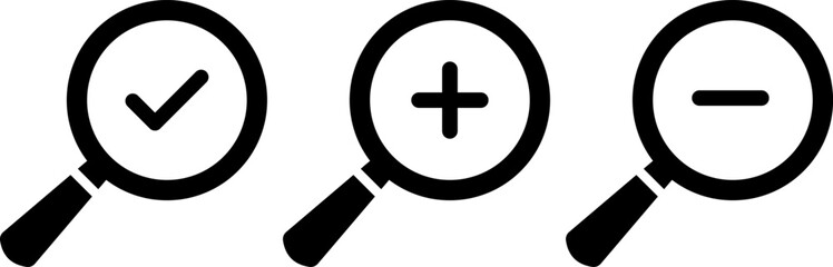 Obraz premium Search Icon. zoom in and out scale Magnifying glass for research and find. loupe with check mark sign. Plus and minus zoom tool symbols 