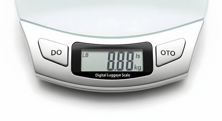 Closeup of a digital luggage scale with a clear display showing weight in pounds and kilograms
