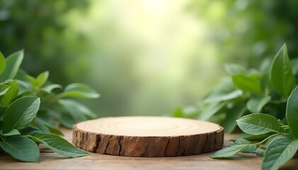 Natural Wood Pedestal in Bright Outdoor Setting for Product Presentation