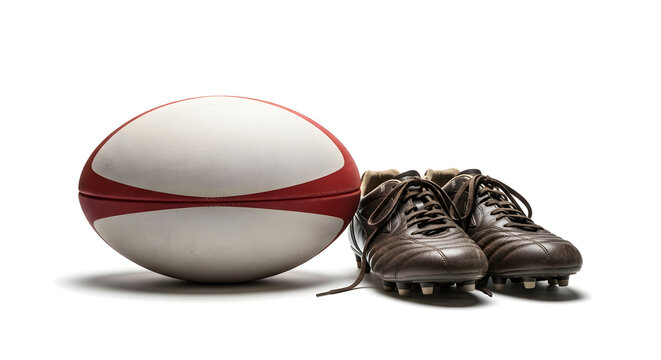 A rugby ball and cleats isolated on white background