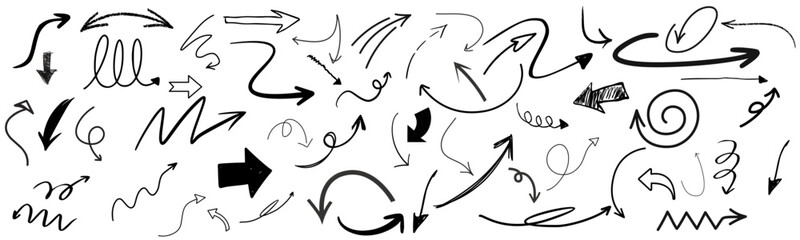 Hand drawn arrow set featuring curved, straight, dotted, and swirled arrows design, arrow vector for creative design.