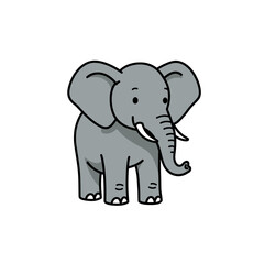 Fototapeta premium Adorable gray elephant drawing in flat style with clean black outlines and simple friendly look