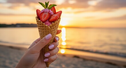 Woman hand holding berry ice cream waffle cone on beach at sunset. Refreshing treat. Summer beach dessert with fruit against blurred tropical landscape for ad banner, poster, or summer blog post.
