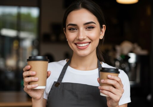 Happy barista offering coffee in a cafe, ready to serve customers with a smile.