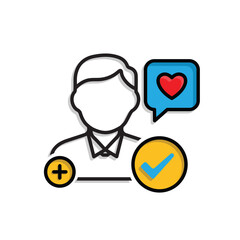 Marketing icon. Influencer Marketing. People with plus signs, checkmarks, and love messages. Branding, strategy, digital. mixed design style.